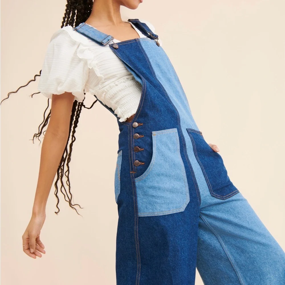 FARM Rio Two-Tone Blue Patchwork Denim Overalls - Picture 2 of 8